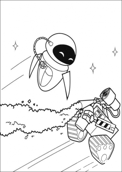 Wall-E And Eva Are Playing In The Space  coloring page image
