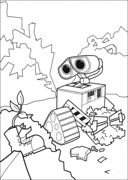 Wall-E Finds Green Plant  coloring page image