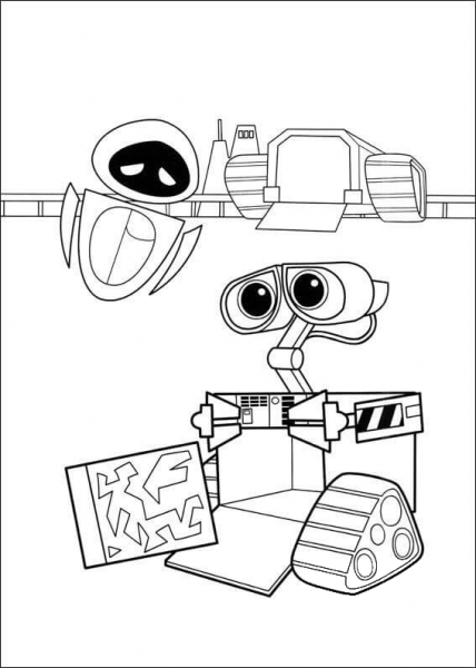 Wall-E Shows To Eva His Work  coloring page image