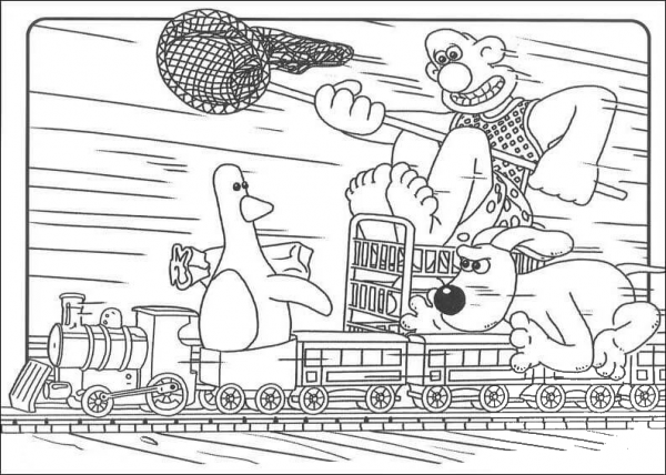 Wallace and Gromit are Chasing the penguin Feathers McGraw coloring page image