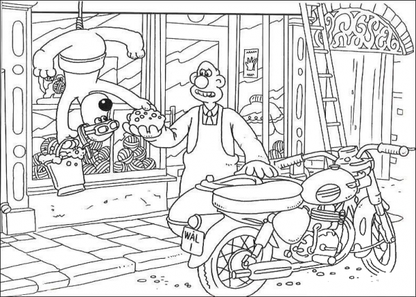 Wallace and Gromit at work coloring page image