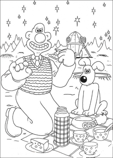 Wallace And Gromit Eating Cheese On The Moon  coloring page image