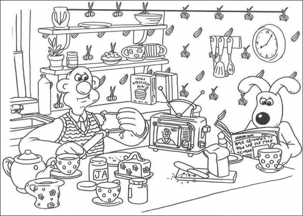 Wallace and Gromit Having Breakfast  coloring page image