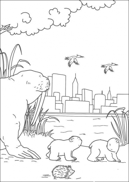Walrus, two little polar bears, hedgehog and birds against the background of city skycrapers coloring page image