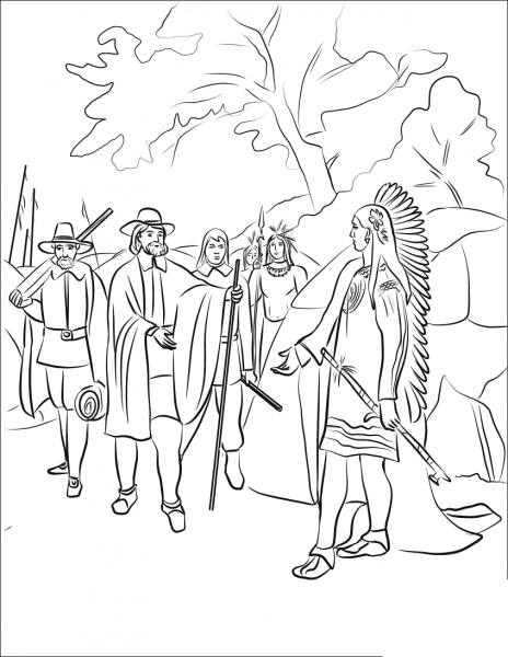Wampanoag Indian Chief Massasoit Visited by Governor Edward Winslow coloring page image