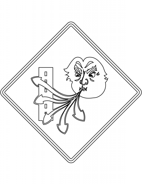 Warning sign for windy/gusty area in Quebec coloring page image