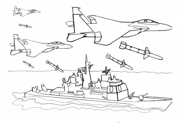 Warship is attacked by fighter aircrafts coloring page image