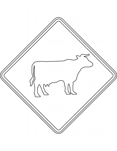 “Watch for large animals (cattle)” Sign in New Zealand coloring page image