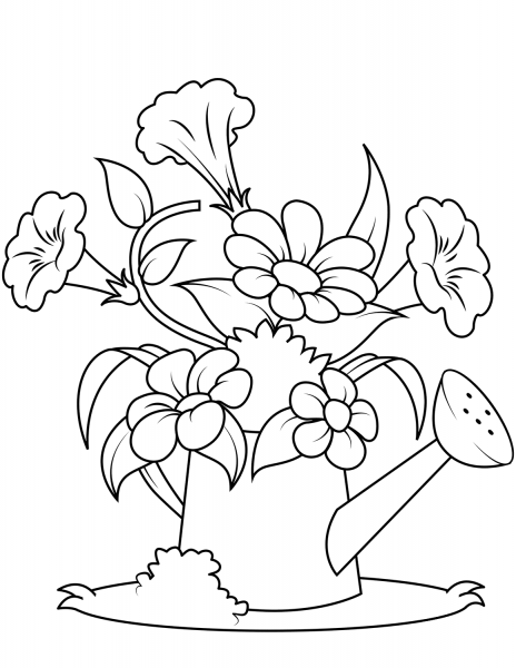 Watering Can with Flowers coloring page image