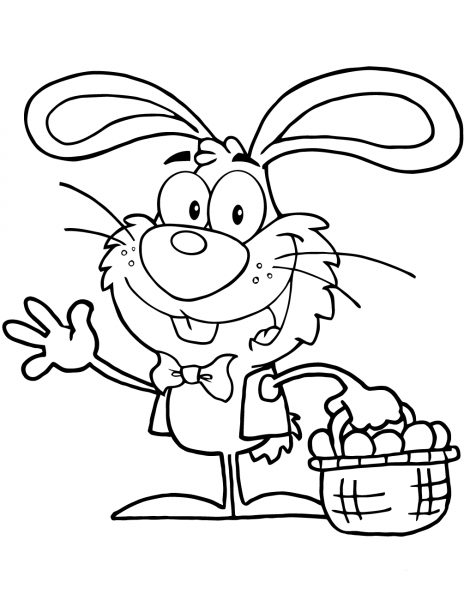 Waving Bunny with Easter Eggs and Basket coloring page image