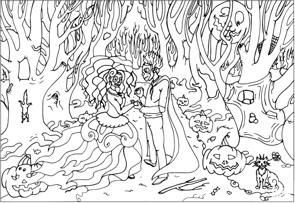 Wedding on Halloween coloring page image
