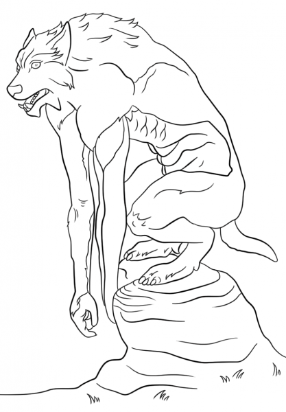Werewolf Sitting on a Stone coloring page image
