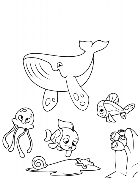 Whale, Jellyfish and Coral Reef Fish coloring page image