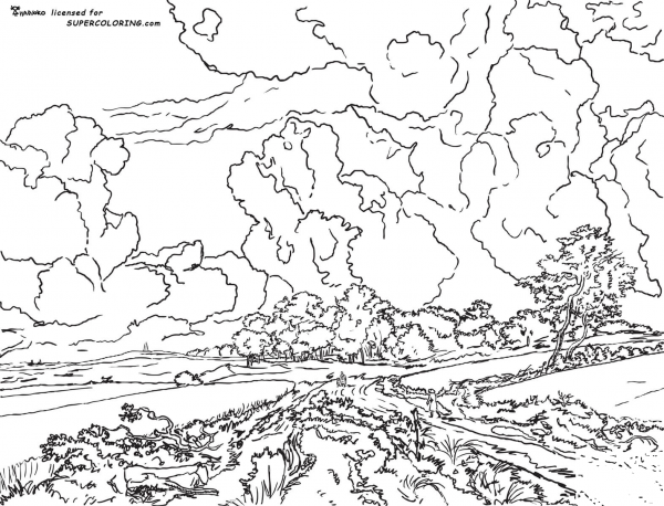 Wheat Fields By Jacob Van Ruisdael  coloring page image