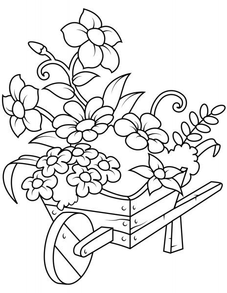 Wheelbarrow with Flowers coloring page image