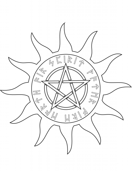 Wiccan Pentagram with Five Elements coloring page image
