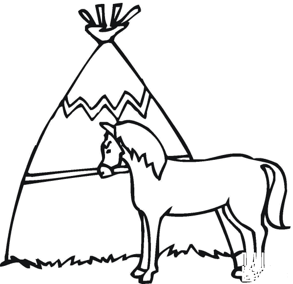 Wigwam With The Horse  coloring page image