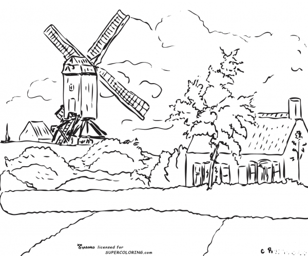 Windmill at Knock Belgium By Camille Pissarro  coloring page image