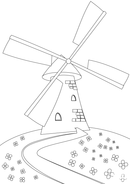 Windmill on a Hill coloring page image