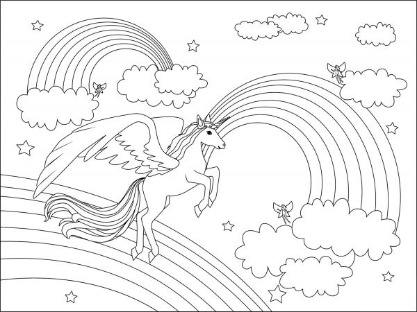 Winged Unicorn and Rainbow coloring page image