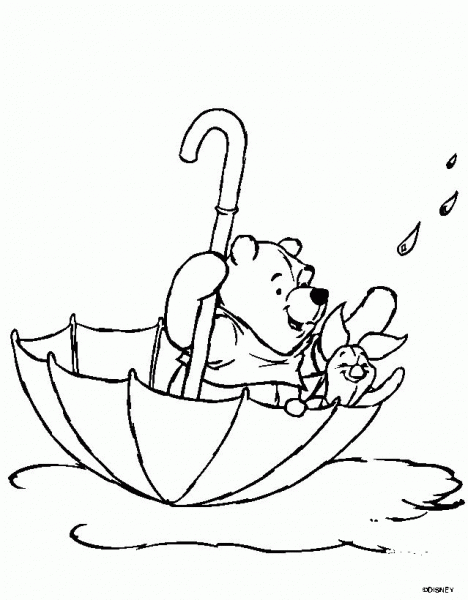Winnie is sailing on umbrella  coloring page image