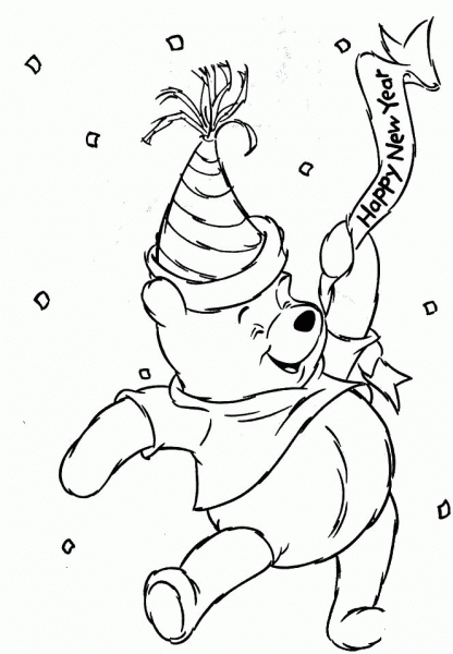 Winnie the Pooh is celebrating Happy New Year  coloring page image