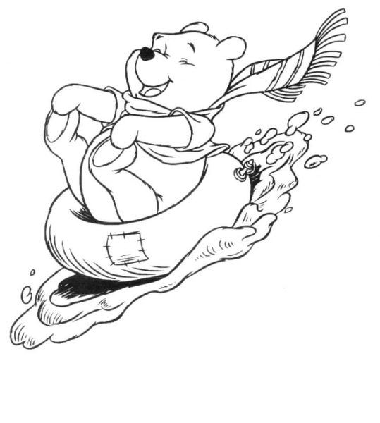 Winnie the Pooh on a snow tire coloring page image