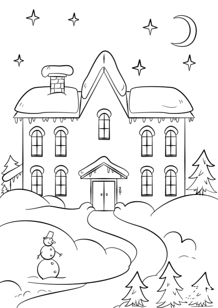 Winter House coloring page image