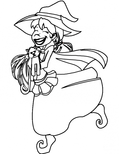 Witch and Cat coloring page image