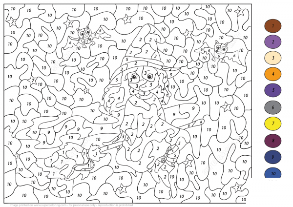 Witch Flying on a Broom with Bat Color by Number image