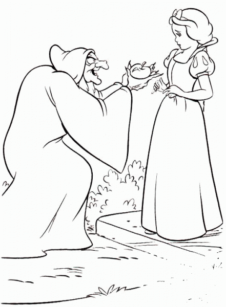 Witch is giving a poisoned apple to Snow White coloring page image