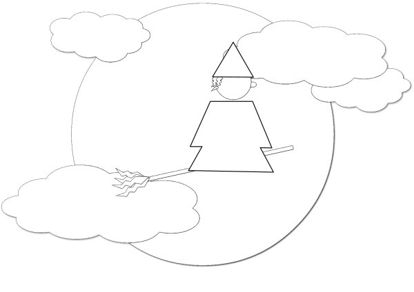 Witch on a Broomstick Flying in Front of the Moon coloring page image
