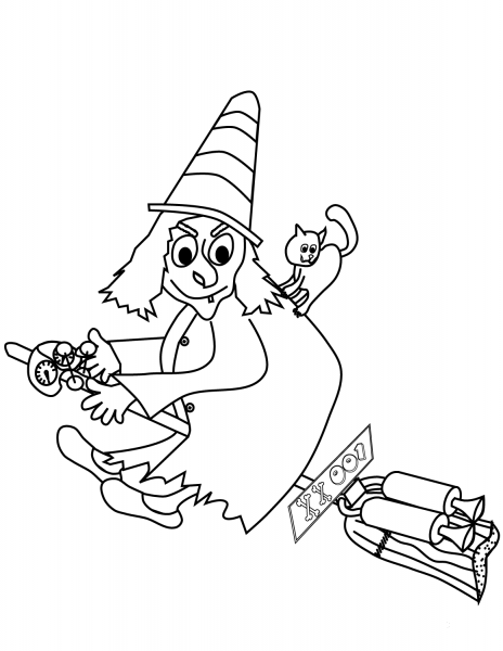 Witch on Jet Powered Broomstick coloring page image