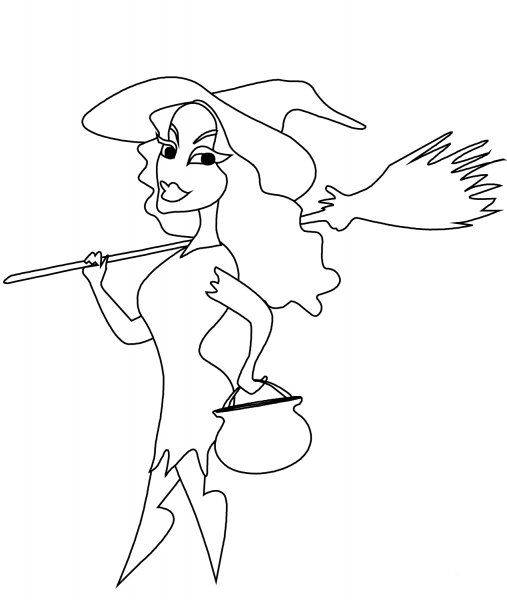 Witch with Broomstick and Cauldron coloring page image