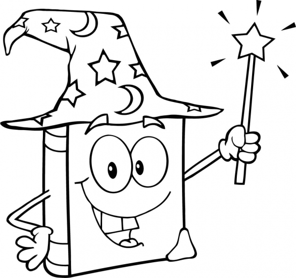 Wizard Book Holding a Magic Wand coloring page image