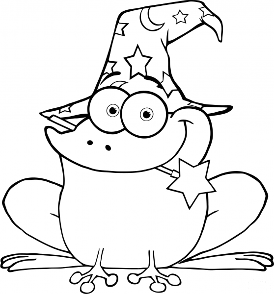 Wizard Frog with a Magic Wand in Mouth coloring page image