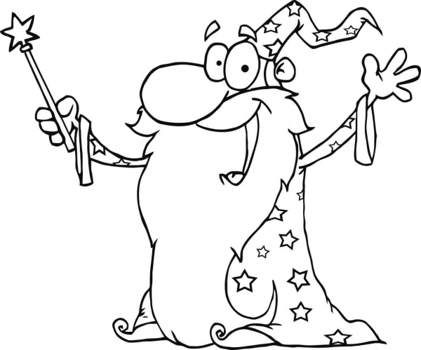 Wizard Waving Wearing a Cape and Holding a Magic Wand coloring page image
