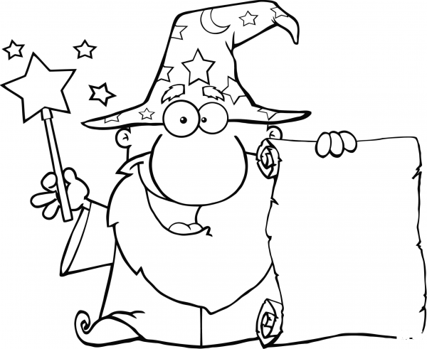 Wizard Waving with Magic Wand and Holding up a Scroll coloring page image