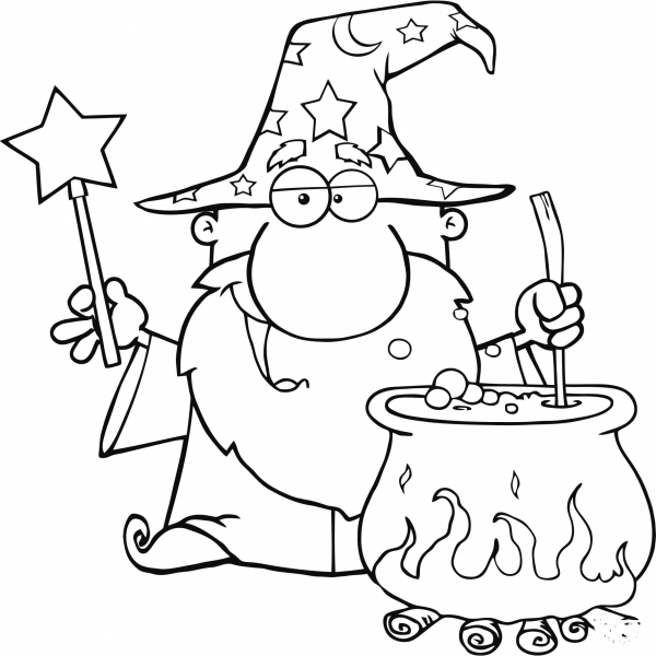 Wizard Waving with Magic Wand and Preparing a Potion coloring page image