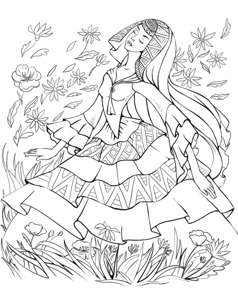 Woman from the East in a Traditional Dress coloring page image