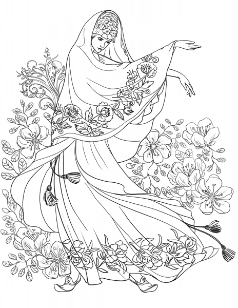Woman from the near East with the Floral Motif coloring page image