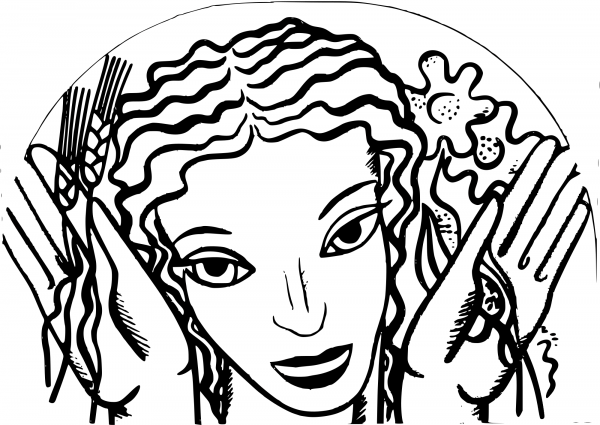 Woman Holding Flowers and Wheat Basic Remix coloring page image