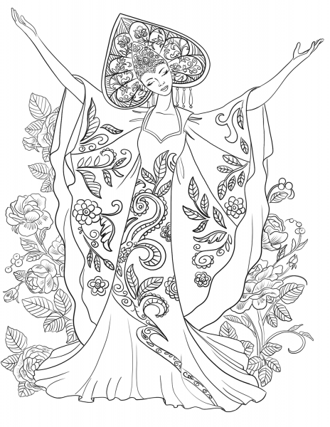 Woman in Russian Traditional Costume coloring page image