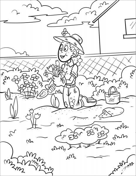 Woman in the Garden coloring page image