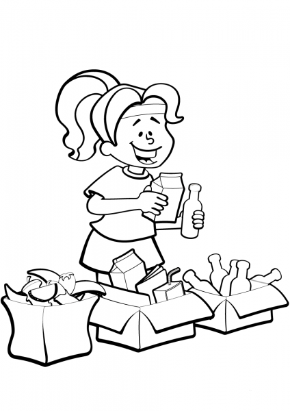 Woman is Sorting Garbage for Recycling  coloring page image