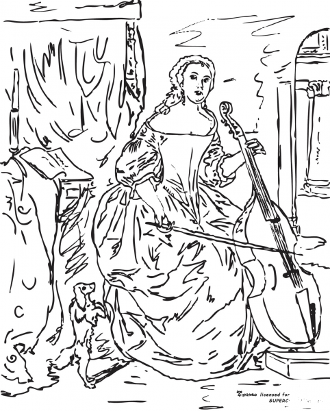 Woman Playing The Viola Da Gamba By Gabriel Metsu  coloring page image