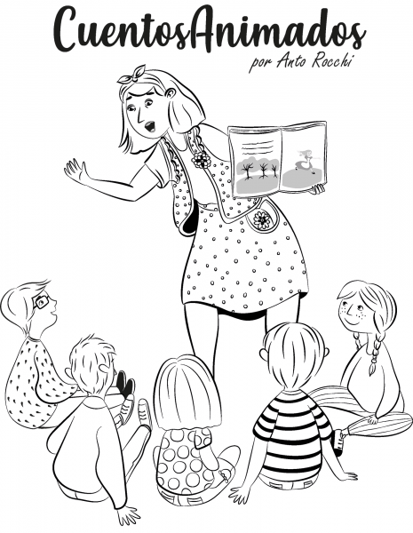 Woman Reading a Book to Young Children coloring page image