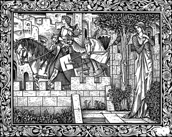 Woman Stands in a Garden Unseen by Knights Passing on Horseback coloring page image