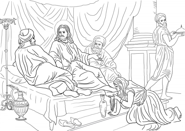 Woman Washing Jesus Feet with Her Hair coloring page image