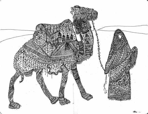 Woman with Camel Zentangle coloring page image